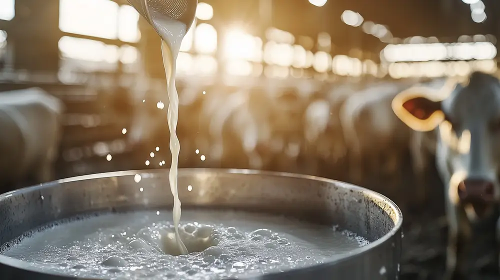 Latte appena munto versato in un contenitore d&rsquo;acciaio, con sfondo sfocato di mucche in una stalla ben illuminata.